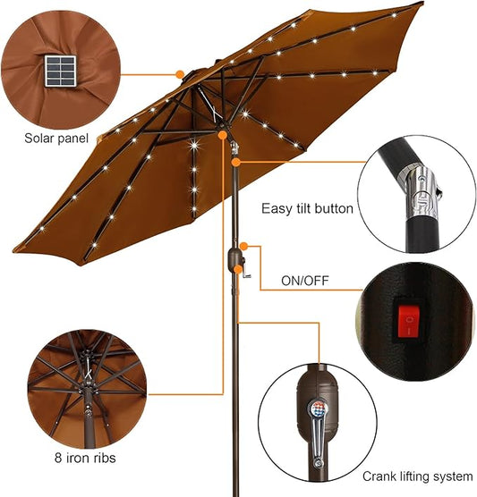 Blissun 9 ft Solar Umbrella 32 LED Lighted Patio Umbrella Table Market Umbrella with Tilt and Crank Outdoor Umbrella for Garden, Deck, Backyard, Pool and Beach, Brown