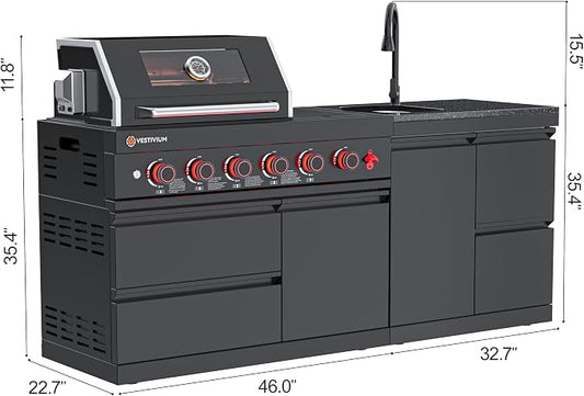 SERA C 4-Burner Natural Gas Outdoor Kitchen with Sink Black | Black 304 stainless steel, 75300 BTU + side burner, pull-out sink, soft-close, locking caster, compact patio balcony backyard