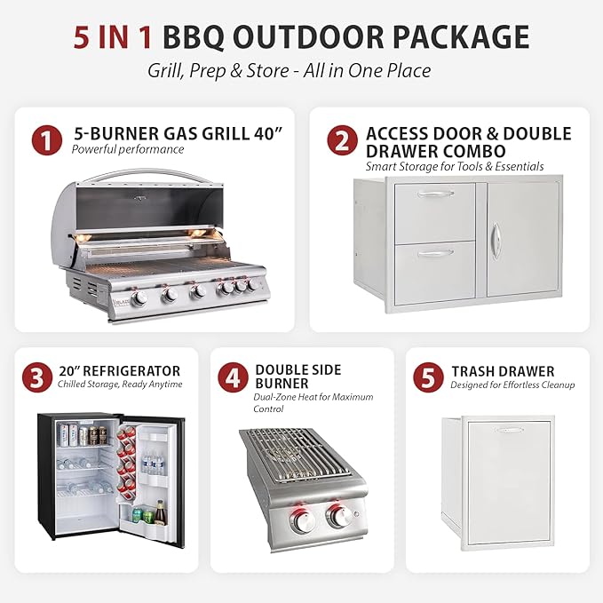 BLAZE BBQ Outdoor Grill Package 6 of 40” LTE Built-in Natural Gas Grill, LTE Built-In Double Side Burner, 32” Door & Two Drawers Combo, Double Trash Drawer, 20” Compact Refrigerator, and Accessories