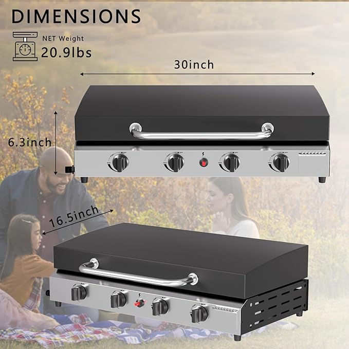SKOK 4 Burner Gas Griddle with Hood- 30 Inch Outdoor Propane Griddle-60000 BTU Propane Fuelled, Portable Flat Top Gas Grill Camping Griddle with Lid for Kitchen, Outdoor BBQ, Camping