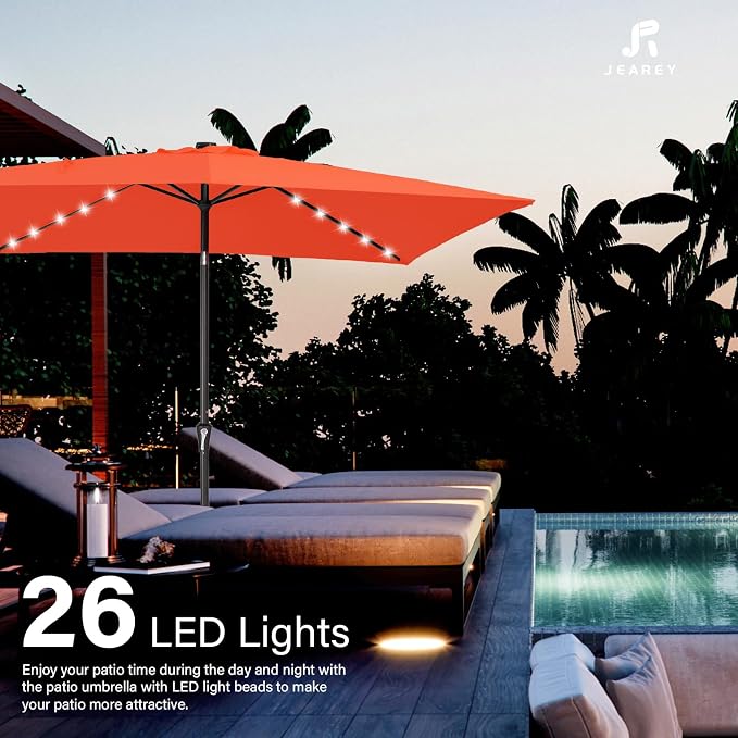 JEAREY 6.5x10' Rectangle LED Lighted Umbrella Patio Umbrella Outdoor w/Tilt | Solar Market Umbrellas with 6 Sturdy Ribs, UV Protection Waterproof Sunproof for Pool, Deck, Backyard(Orange)