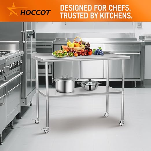 Stainless Steel Prep Table 30" X 48" with Adjustable Undershelf, Backsplash and Wheels, Commercial Metal Workstations for Kitchen, Garage, Outdoor BBQ