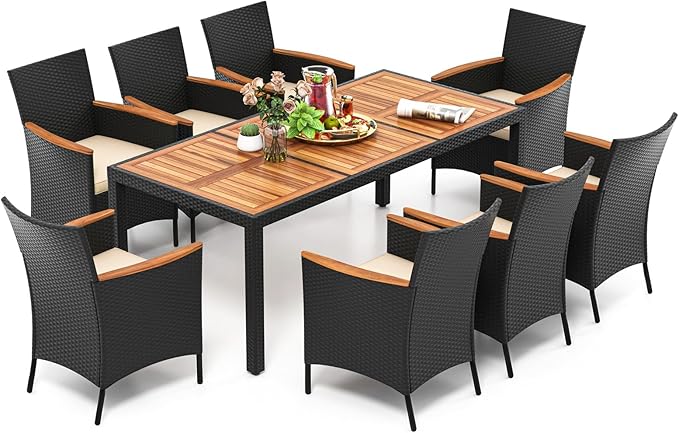 COSTWAY 9-Piece Patio Dining Set for 8, Outdoor Rattan Wicker Table and Chairs Furniture Set with Umbrella Hole, Acacia Wood Tabletop for Backyard, Balcony, Poolside, Black & Beige