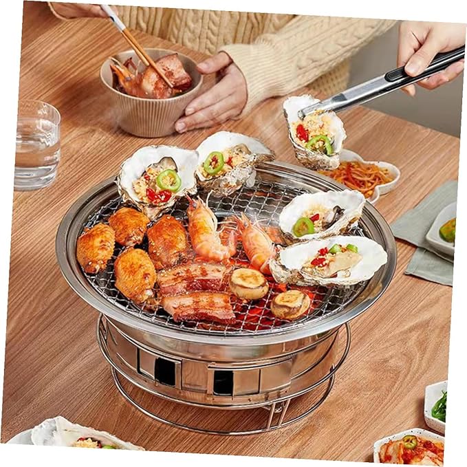 Portable Stainless Steel Charcoal Barbecue Grill, Mini Korean Bbq Stove with Grill Net for Outdoor Camping, Picnic, and Home Use