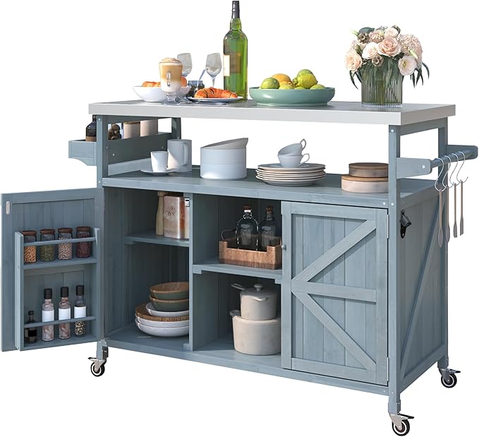 Outdoor Kitchen Island with Stainless Steel Top, Rolling Grill Cart with Storage Cabinet, Farmhouse Solid Wood Prep Station with Spice & Towel Rack for Patio BBQ.Suitable for backyards, etc.