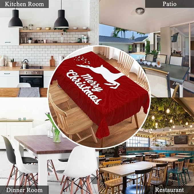 Swono Merry Christmas Tablecloths Flying Xmas Reindeer Floral Red Kitchen Dinning Tabletop Decoration, Polyester Table Cover for Indoor Outdoor 50x72 Inch Tablecloth