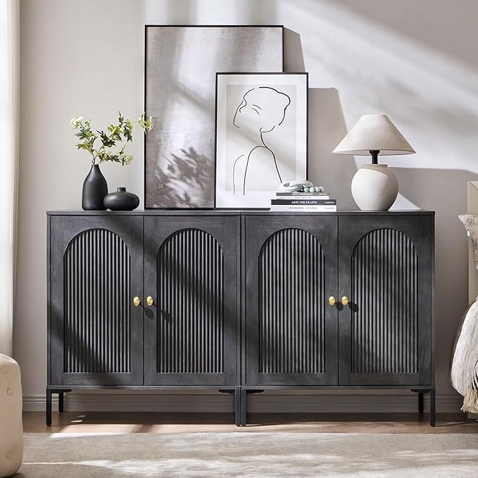 IFBUY Modern Sideboard Buffet Cabinet, 61.75" W Fluted Arched Buffet Cabinet with Storage and Adjustable Shelves, Wooden Modular Coffee Bar Cabinets for Kitchen, Entryway, Dark Grey