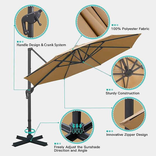 Sunnyglade 11Ft Cantilever Patio Umbrella Deluxe Offset Umbrella 360ยฐRotation & Integrated Tilting System Heavy Duty Patio Hanging Umbrella for Market Garden Deck Pool Backyard Patio (Tan, 11 ft)