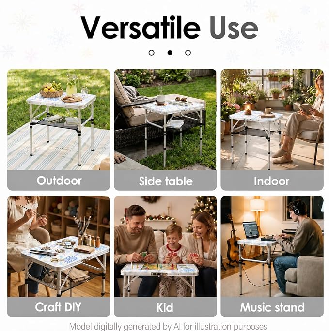 YUFIFAIRY Small Folding Table 2 Foot, Portable Camping Table with Mesh Holders,Lightweight Aluminum Adjustable Height, with Carry Handle for Camping Picnic Indoor Outdoor 24 x 16 x27.5 (Snowflakes)