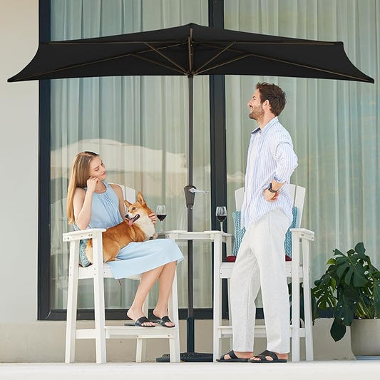 JEAREY 9ft Half Umbrella Outdoor Patio Umbrella Market Umbrellas with Crank, 1/2 Round Wall Umbrella 5 Sturdy Ribs UV Protection for Pool Garden Balcony Deck, Black