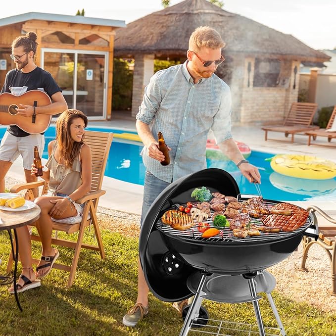 Charcoal Grill - portable BBQ Grill with adjustable air vent, wheels, hanlde - Charcoal Kettle Grill for outdoor, camping, backyard, picnics, party parties
