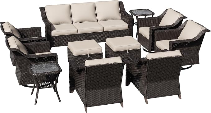 11 Piece Patio Furniture Set, Wicker Outdoor Conversation Set | Patio Chair Set with Olefin Removable Cushion, All-Weather Outdoor Couch with Deep Seat for Porch, Deck and Backyard, Beige