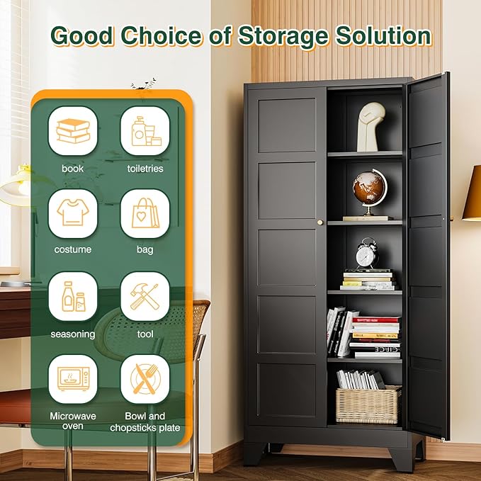 Letaya 71" H Metal Storage Cabinet with 2 Doors and 4 Shelves,Tall Kitchen Pantry Cabinets,Utility Pantry Organizers for Cupboard/Dining/Bathroom/Home Office/Garage (Black, 71" H x 16" D x 32" W)