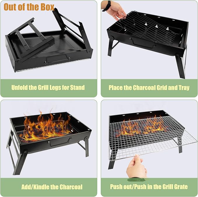 Portable Charcoal Grill for Camping Small Tabletop BBQ Grill for Picnic Trip Foldable Lightweight Barbeque Grill Set Including Tongs Gloves Scrubber (17''x12'')