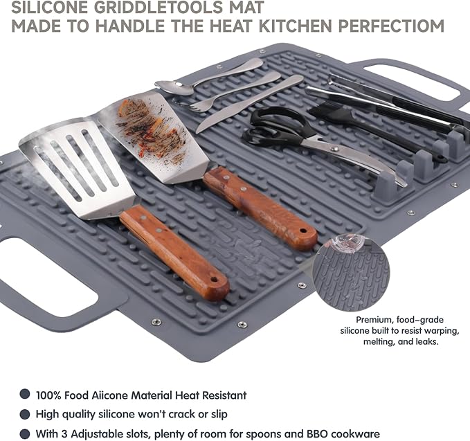 LIONROGE Large Silicone Grill Mat, Foldable Silicone Griddle Tools Spatula Mat with Drip Pad & Handle & Snap Buttons, Portable BBQ Side Shelf Mats Grill Pad for Blackstone Griddles Accessories,Gray