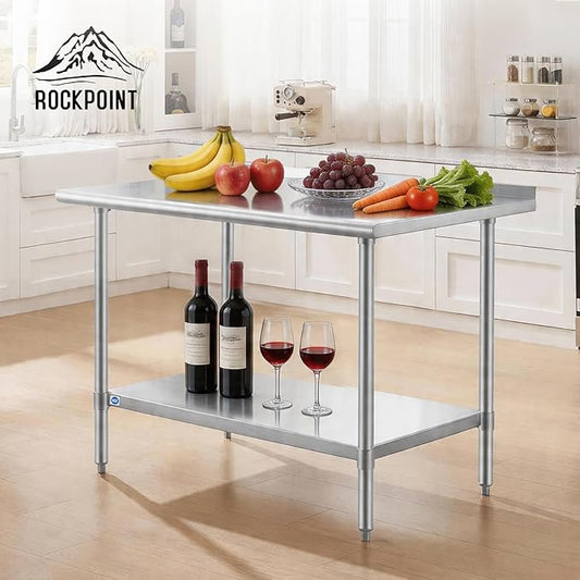 ROCKPOINT SS304 Top All Stainless Steel Table for Prep & Work with Backsplash 30x48 Inches, NSF Commercial Kitchen Heavy Duty Table with Adjustable Undershelf for Restaurant,Kitchen, Home and Hotel