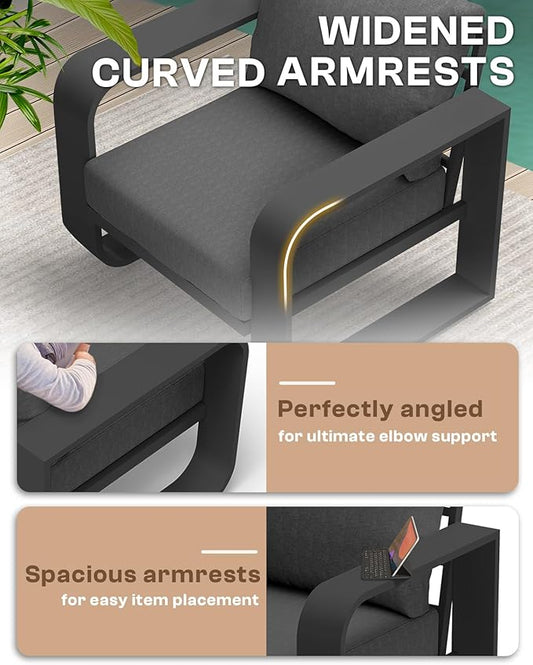 Oversized Aluminum Outdoor Furniture Set, Extra Large Patio Furniture Sofa Set 4.8” Widened Armrest & Ultra-Thick Cushions, 4 Pcs Modern Patio Sectional for Backyard, Porch, Graphite