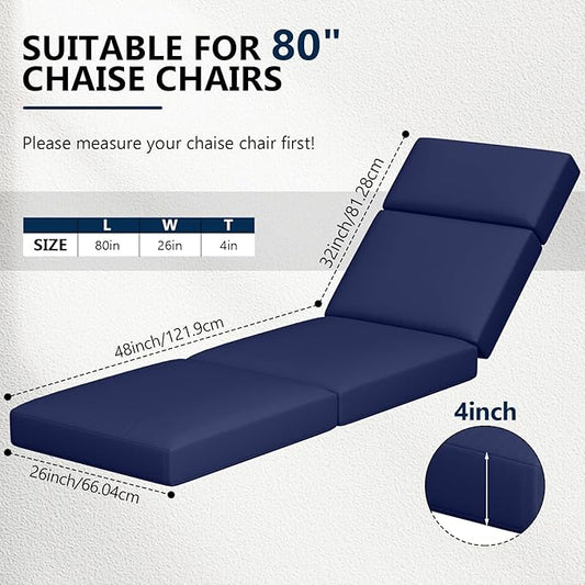 4 Pcs Chaise Lounge Cushions Outdoor, 80 x 26 x 4 Inch Lounge Chair Cushions for Outdoor Furniture - Waterproof Lounge Patio Replacement Cushion, 4In Fade-Resistant ThickPatio Chaise Lounge Cushion