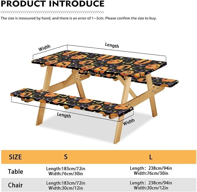 Picnic Table Cover with Bench Covers 3 PCS for Outdoor BBQ Camping Halloween Pumpkin Bat Camping Tablecloth with Elastic Band