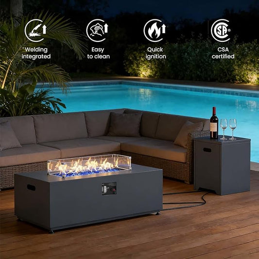 42 Inch Gas Fire Pit Table, 55,000 BTU Propane Fire Pits for Outside with Aluminum Lid and Waterproof Cover, 2 in 1 Firepit Table