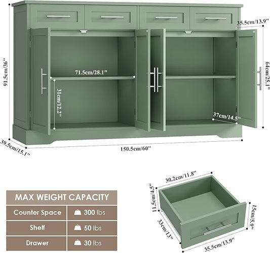 HOSTACK 60" Large Buffet Sideboard with Storage, 36" Tall Kitchen Buffet Storage Cabinet with 4 Drawers, Modern Coffee Bar Cabinet with Silver Handles, Long Sideboard Buffet Table for Kichen, Green