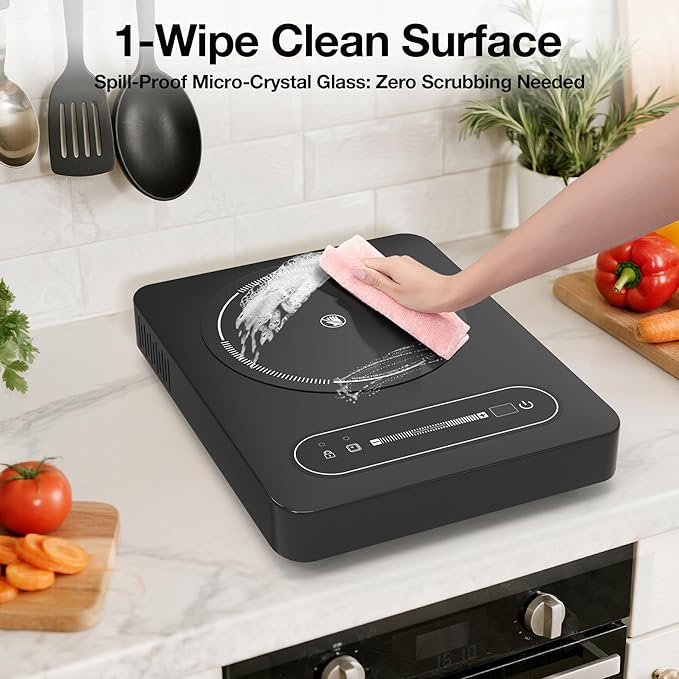 ANHANE 1800W Electric Cooktop, 11 Inch Portable Single Burner with Timer & Child Lock - 110-120V Compact Countertop Stove for Everyday Cooking in Kitchen, Dorm, RV or Office