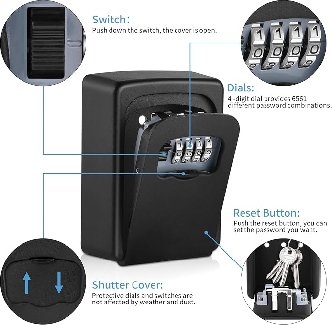 Key Lock Box for Outside - Sturdy and Durable Lock Box for House Key,5 Key Capacity Lockbox for Keys Outdoor,Waterproof Emergency Spare Key Lockbox with Resettable Code for Home,Garage,Airbnb