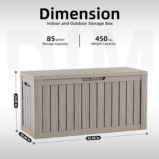 PatioZen 85 Gallon Deck Box Outdoor, Weatherproof Resin Patio Storage Box, Waterproof Outdoor Storage Boxes with Lid Lockable for Cushions, Garden Tools,Grey