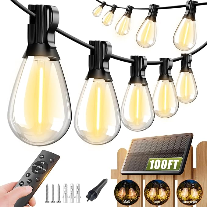 Tenmiro 100FT Solar String Lights Outdoor Waterproof with Remote,Shatterproof S11 35+2 Led Bulbs & Dimmable, 3 Light Modes, Solar Powered Patio Lights for Backyard, Garden, Porch