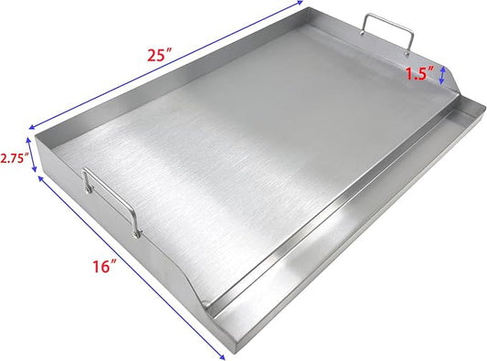 Parts DS127 Stainless Steel BBQ Cooking Griddle, Universal Flat Top Griddle with 2 Handles for Most Gas Grills, W25"×D16"×H2.75", Heavy Duty Stainless Steel Griddle 1pc, Large size