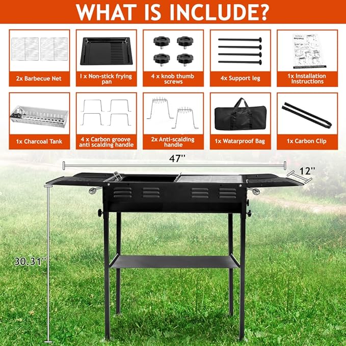 Portable Charcoal Grills for Outdoor BBQ, Foldable Kabob Barbecue Grill with Adjustable Height and Spacious Charcoal Tank for Travel Garden Backyard, Black
