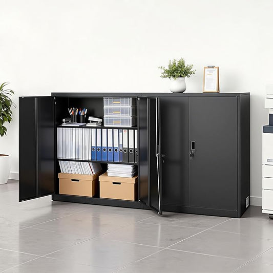 VEVOR Metal Storage Cabinet, 41.7 in Steel Garage Cabinet with 2 Adjustable Shelves, 2 Magnetic Doors & 2 Keys, 3 Tiers Lockable Tool Storage for Pantry, Warehouse, Basement, Office, Black