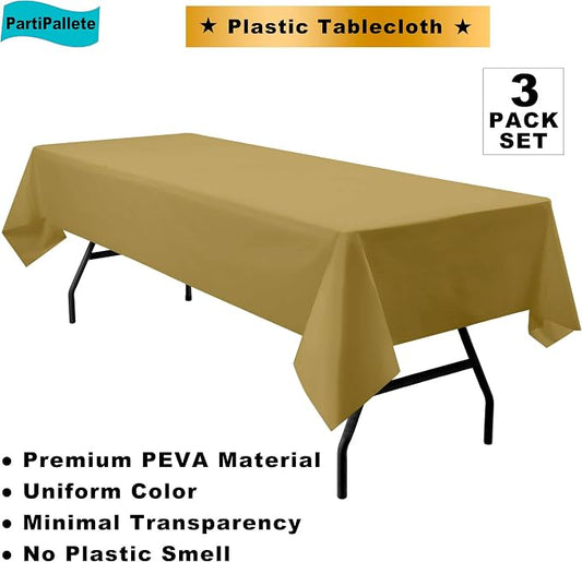 3-Pack Premium Plastic Gold Tablecloth Disposable 54" x 108" Rectangle Table Cover Party PEVA Golden Table Cloths for Fall Parties Harvest Graduations Anniversary Thanksgivings Events