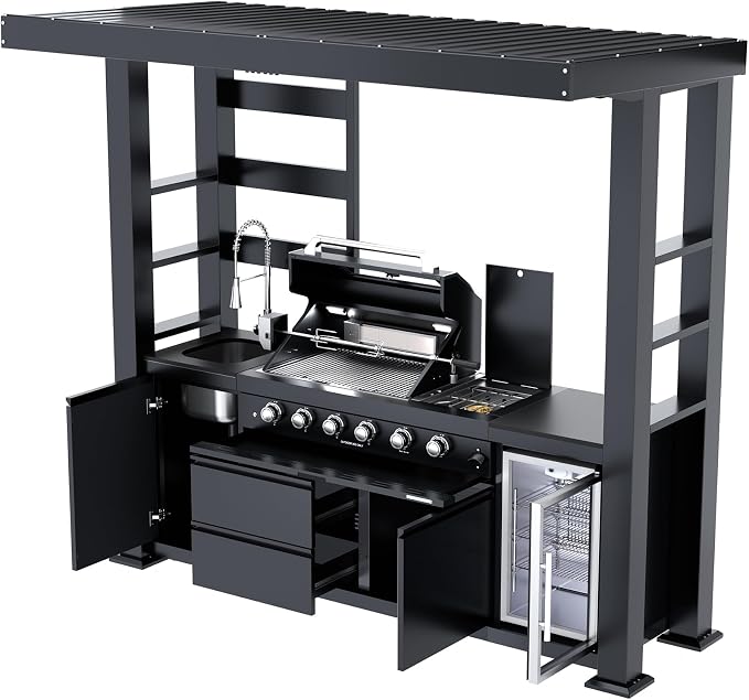 104" Modular Outdoor Kitchen Island With Grill And Side Burner, 4-burner 72,000 Btu Propane Bbq Island, Refrigerator, Separate Sink & Prep Station, NG-Black (with roof) 72000BTU/97 Inch