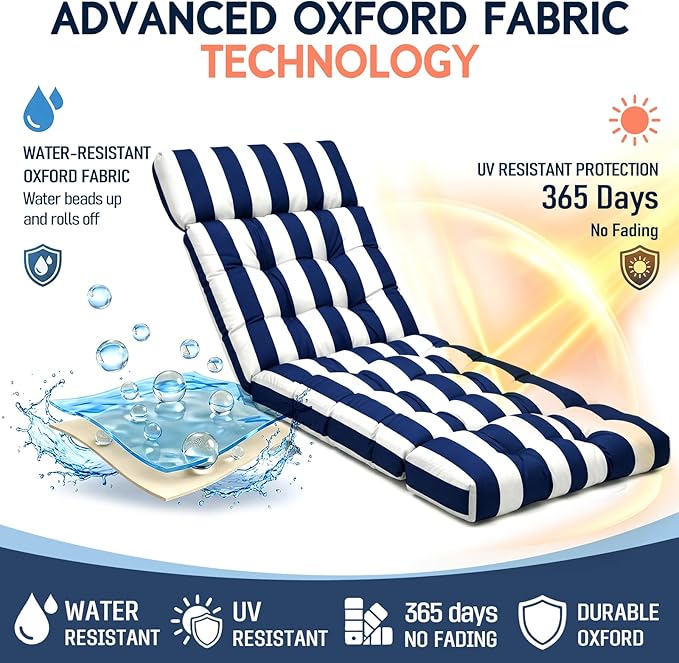 MAGIC ELEPHANT Chaise Lounge Cushion Outdoor, Memory Foam Patio Lounge Chair Cushion with Ties for Outdoor Furniture, 74 x 22 x 4 Inch (Navy Stripe)