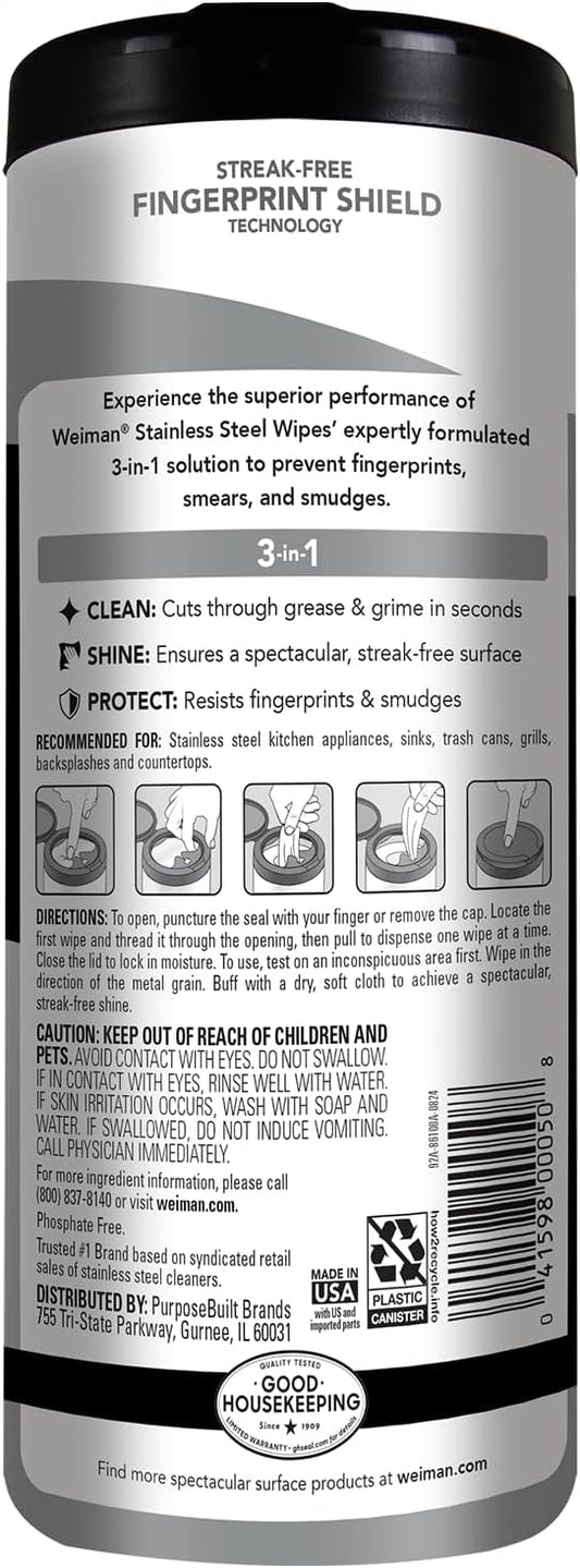 Weiman Stainless Steel Cleaner & Polish Kit, 1 Wipes & Cloth, Anti-Fingerprint, Removes Grease, Water Spots, Streaks & Residue, Polishing Cleaner Safe for Appliances, Chrome, Sinks & Grill Exteriors