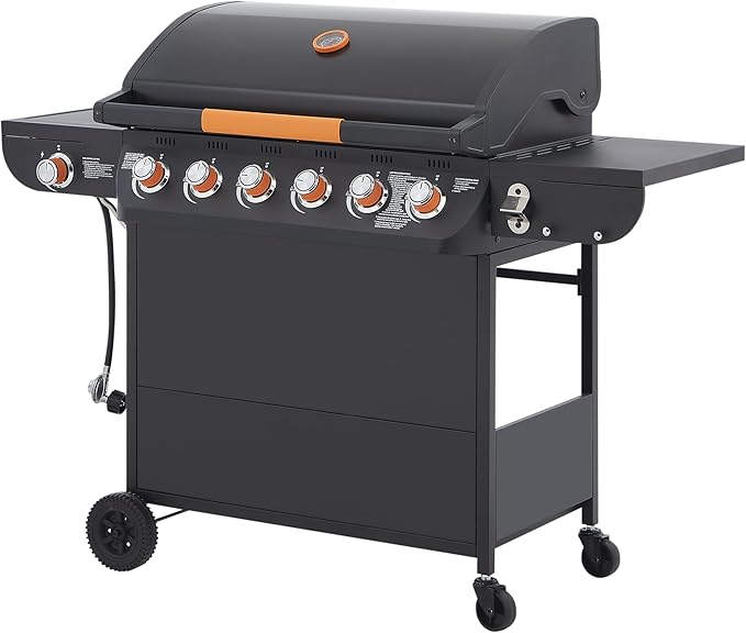 Outdoor Gas Grill with 6 Burners & Side Burner 59000 BTU Stainless Steel BBQ Grill Enamel-Coated Grates Side Tables for Backyard Patio Cooking Charcoal Grills & Smokers,A2