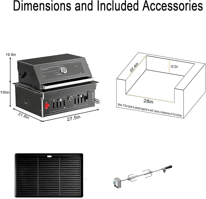 Built In Charcoal Grill, Stainless Steel Charcoal BBQ Grills with Liftable Tray, Visible Insulated Hood & Temp Gauge, 459SQ In Cooking Grid Area for Outdoor Kitchen Cooking Family Parties (Black kit)