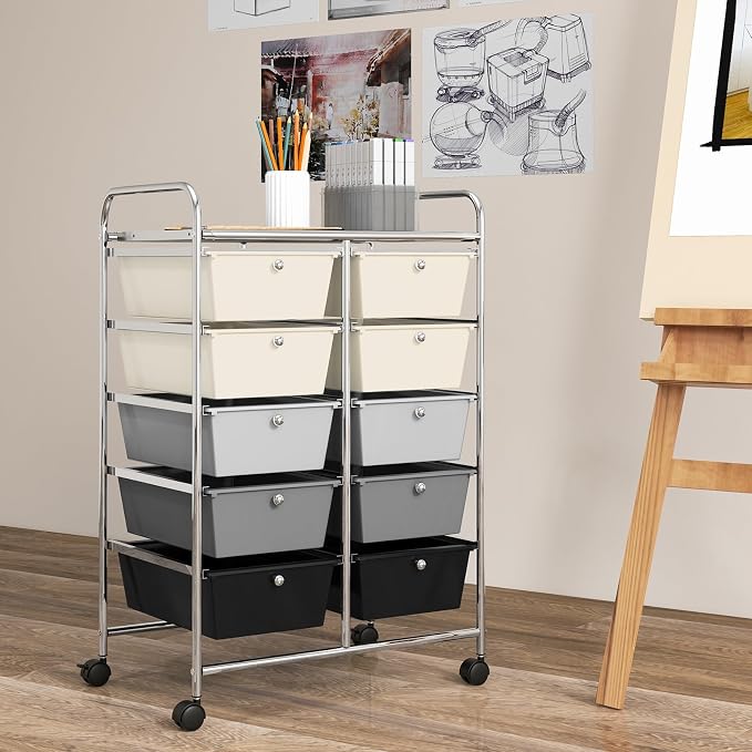 HOMGX Rolling Cart with 10 Drawers, 10 Tiers Multicolor Trolley, Drawer Bin Carts with 2 Lockable Wheels, Adjustable File & Debris Organizer Cart, Rolling Storage Cart for Office, School, Home