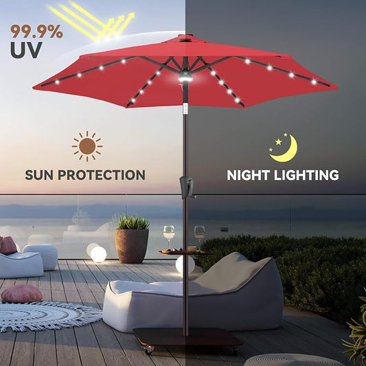 Solar Patio Umbrella with Centre Light, 7.5 ft Red | 24 LED Lights, UV Protection, Small Solar Outdoor Umbrella for Porch, Deck, Pool, Table, Garden, Provides Evening Lighting