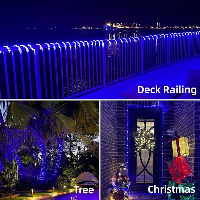 YEGUO Solar Rope Lights Outdoor Waterproof, 66ft 200 LED Blue String Lights, 8 Modes Fairy Lights in Clear Thin Tube
