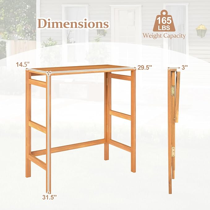 Tangkula Acacia Wood Outdoor Folding Bar Table, Patio Rectangle Counter Height Pub Table with Slatted Tabletop, for Balcony, Backyard Garden and Poolside