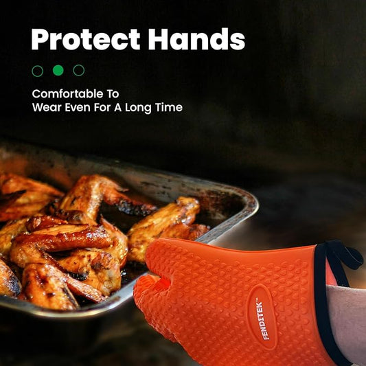 Silicone BBQ Cooking Gloves with Meat Smoker Guide,Heat Resistant Oven Mitts with Fingers,Long Protective Cotton Lined Barbecue Grilling Gloves 1 Pair for Kitchen, Cooking, and Baking Gifts (Orange)