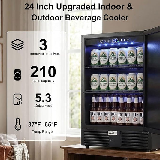 24 Inch Beverage Refrigerator–210 Can Large Capacity Beverage Fridge with French Door, Built-in or Freestanding Under Counter Outdoor Beverage Cooler with Reversible Door, Black