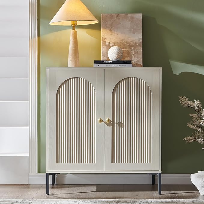 IFBUY Modern Sideboard Buffet Cabinet, 34" Tall Fluted Arched Buffet Cabinet with Storage and Adjustable Shelves, Wooden Modular Coffee Bar Cabinets for Kitchen, Entryway, Cream