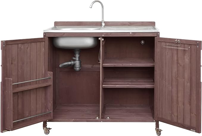 Merax Farmhouse 39.4" Outdoor Grill Cart with Stainless Steel Sink & Back Splash, Wood Rolling BBQ Prep Table w/Storage Cabinet & 4 Lockable Wheels for Patio and Outdoor Cooking,Dark Brown