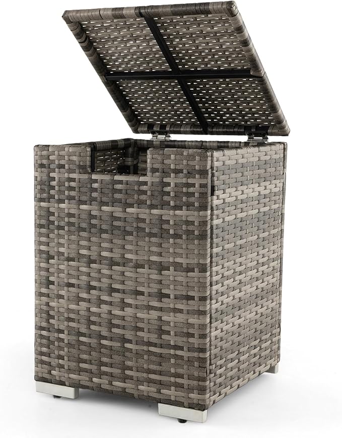 Tangkula Outdoor Propane Tank Cover Table, Patiojoy Wicker Hideaway Table for Gas Fire Pits, 20 lbs Propane Tank Storage Box, Outdoor Wicker Side Table & Propane Tank Holder (Mix Grey)