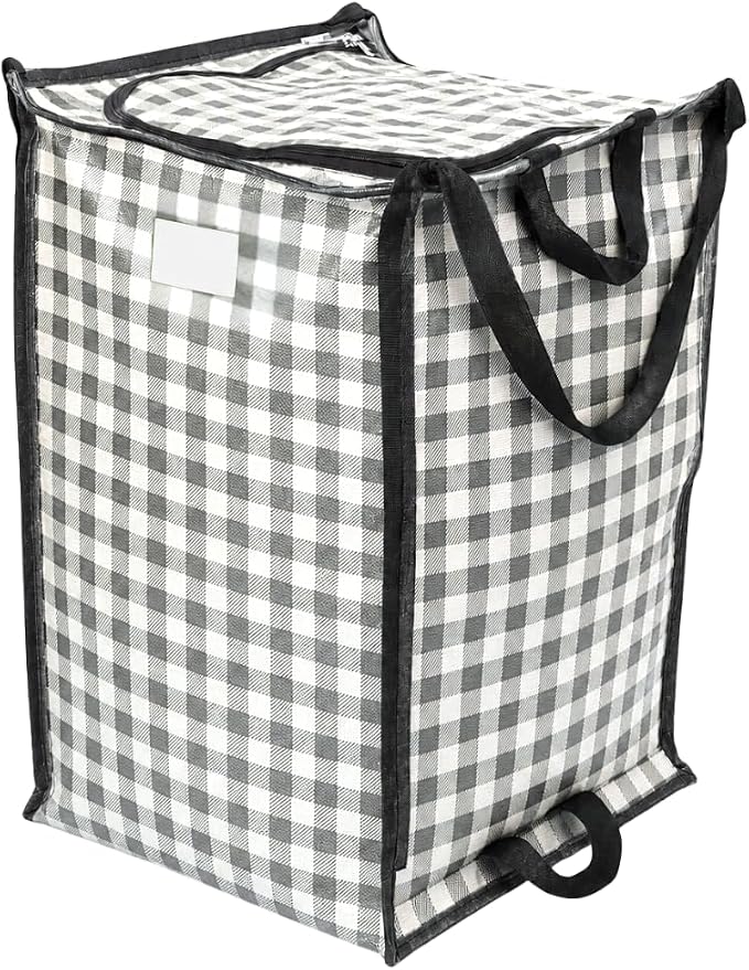 DURASACK XL 48-Gallon Zipper Top Heavy Duty Storage Tote Bags, Gray Gingham | Rugged Woven Polypropylene Moving Bag, Reusable Self-Standing Design, Holds up to 500 Pounds