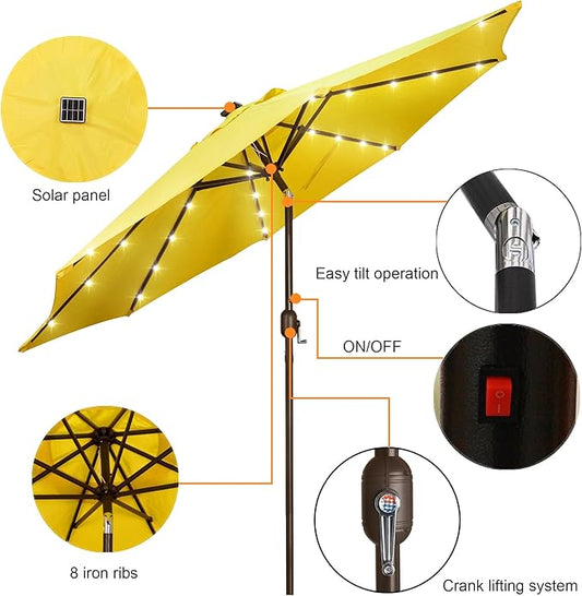 Blissun 9 ft Solar Umbrella, 32 LED Lighted Patio Umbrella, Table Market Umbrella, Outdoor Umbrella for Garden, Deck, Backyard, Pool and Beach (Yellow)
