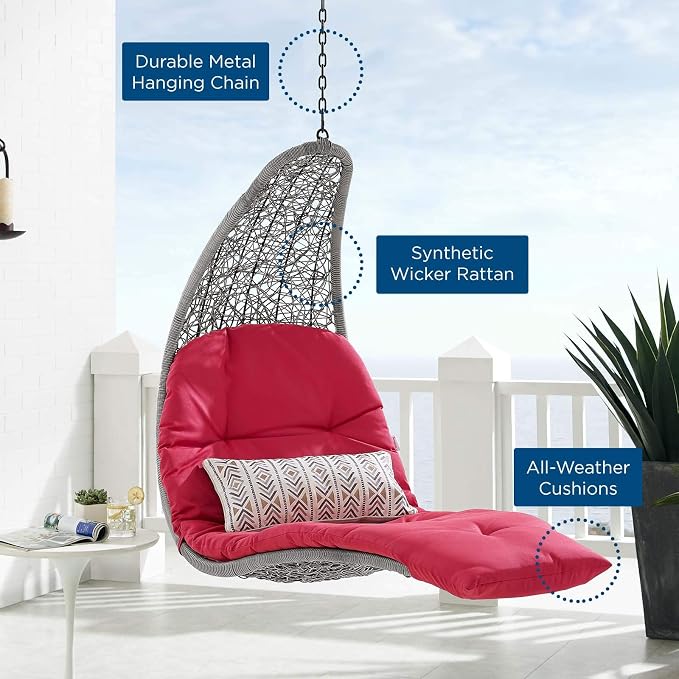 Modway Landscape Wicker Rattan Outdoor Patio Porch Chaise Lounge Hanging Swing Chair in Light Gray, Red
